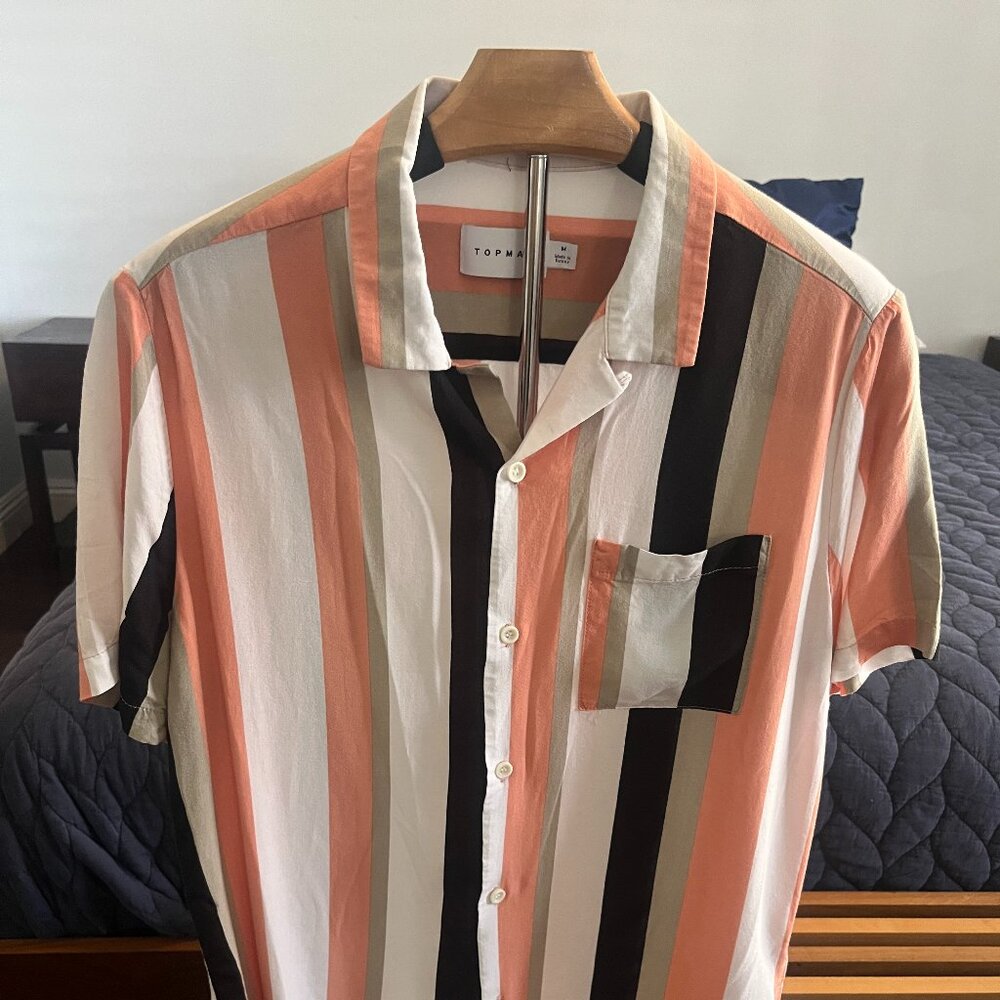 Topman Camp Collar Stripe Shirt Peach Size M